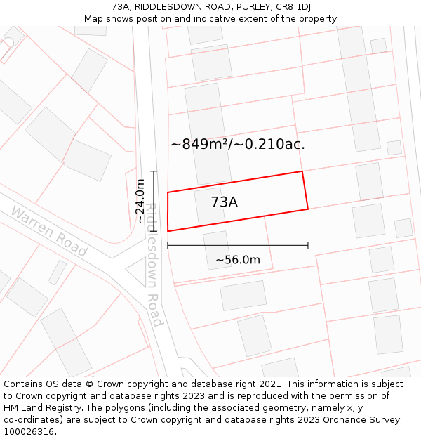 73A, RIDDLESDOWN ROAD, PURLEY, CR8 1DJ: Plot and title map
