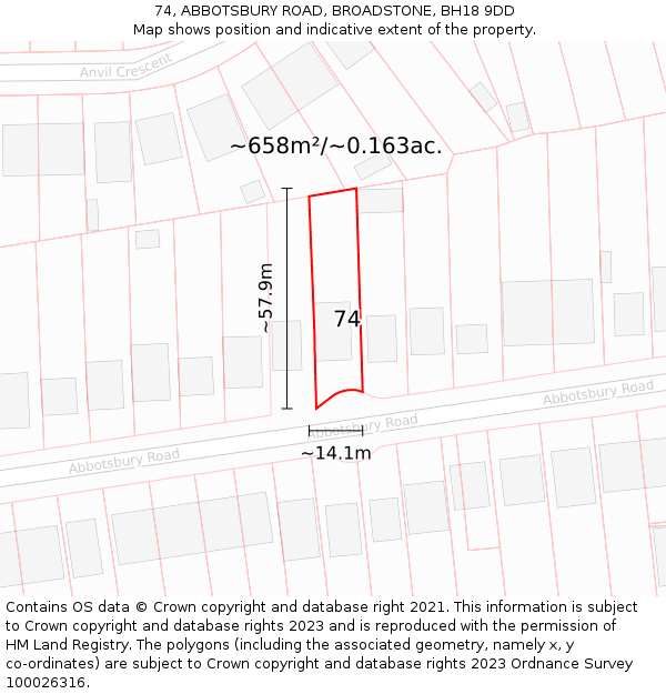 74, ABBOTSBURY ROAD, BROADSTONE, BH18 9DD: Plot and title map