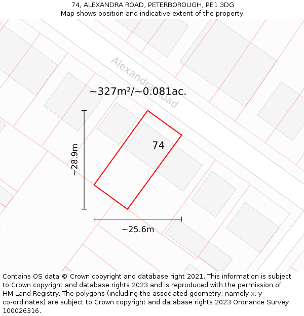 74, ALEXANDRA ROAD, PETERBOROUGH, PE1 3DG: Plot and title map
