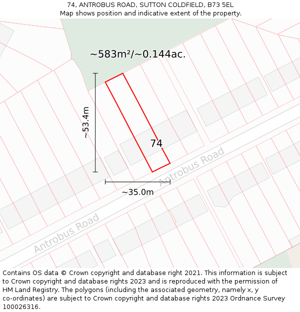 74, ANTROBUS ROAD, SUTTON COLDFIELD, B73 5EL: Plot and title map