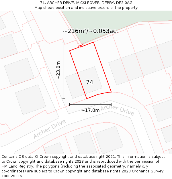 74, ARCHER DRIVE, MICKLEOVER, DERBY, DE3 0AG: Plot and title map