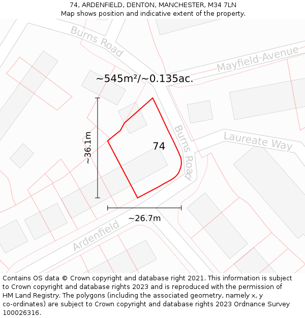74, ARDENFIELD, DENTON, MANCHESTER, M34 7LN: Plot and title map