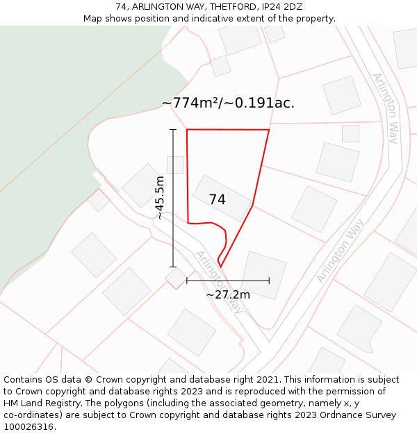 74, ARLINGTON WAY, THETFORD, IP24 2DZ: Plot and title map