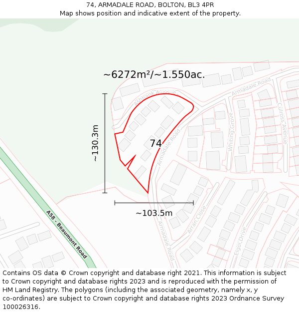 74, ARMADALE ROAD, BOLTON, BL3 4PR: Plot and title map