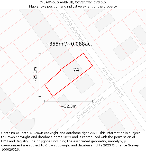 74, ARNOLD AVENUE, COVENTRY, CV3 5LX: Plot and title map
