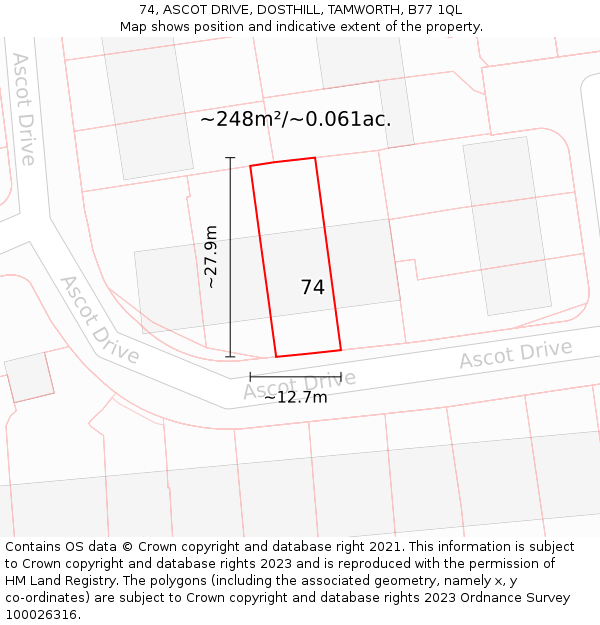 74, ASCOT DRIVE, DOSTHILL, TAMWORTH, B77 1QL: Plot and title map