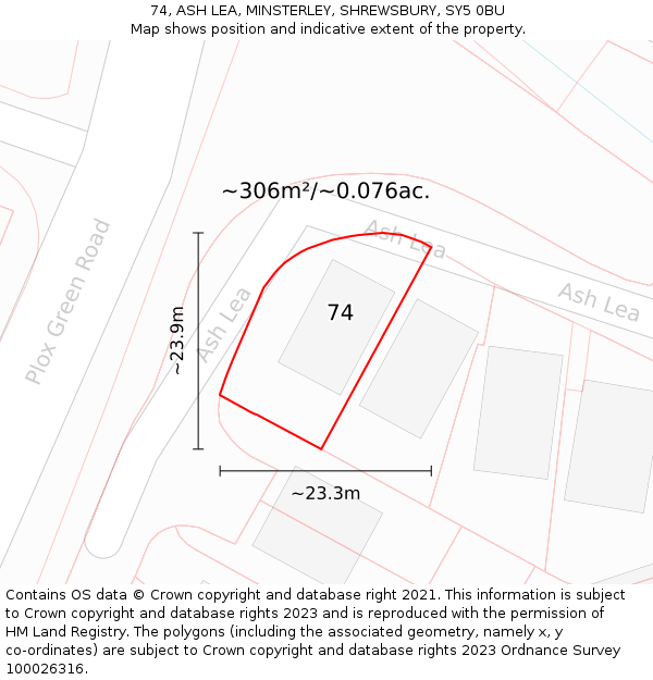 74, ASH LEA, MINSTERLEY, SHREWSBURY, SY5 0BU: Plot and title map