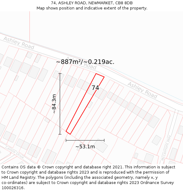74, ASHLEY ROAD, NEWMARKET, CB8 8DB: Plot and title map