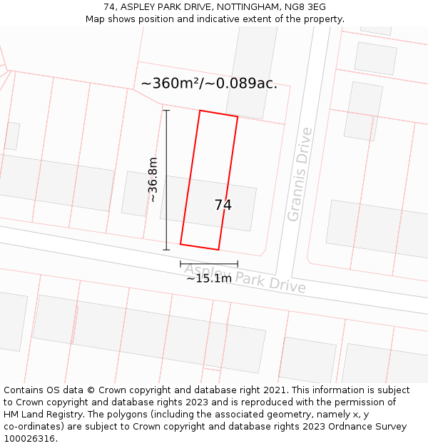 74, ASPLEY PARK DRIVE, NOTTINGHAM, NG8 3EG: Plot and title map