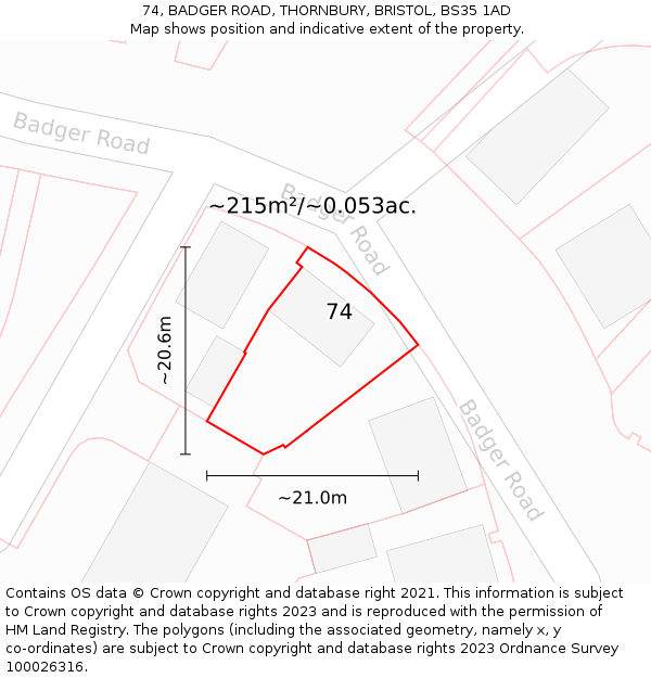 74, BADGER ROAD, THORNBURY, BRISTOL, BS35 1AD: Plot and title map