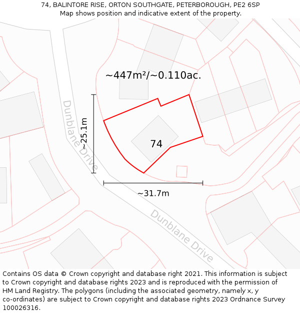 74, BALINTORE RISE, ORTON SOUTHGATE, PETERBOROUGH, PE2 6SP: Plot and title map