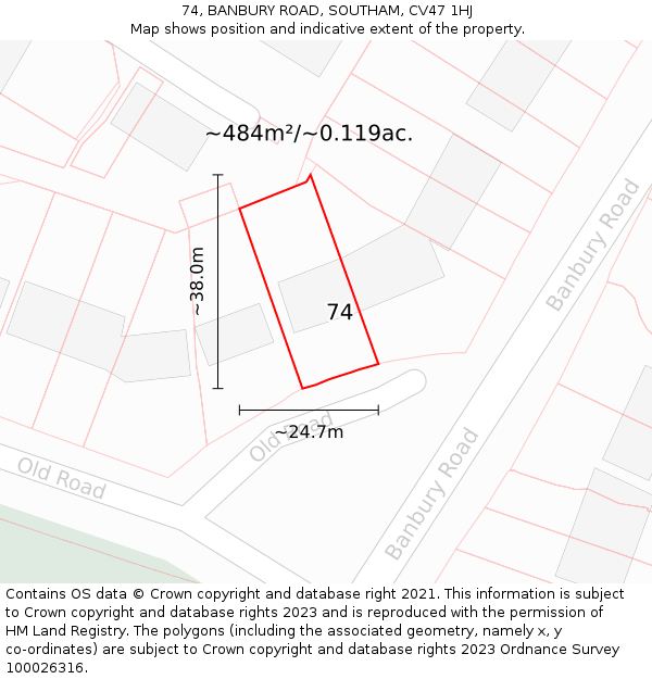 74, BANBURY ROAD, SOUTHAM, CV47 1HJ: Plot and title map