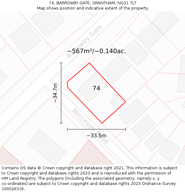 74, BARROWBY GATE, GRANTHAM, NG31 7LT: Plot and title map