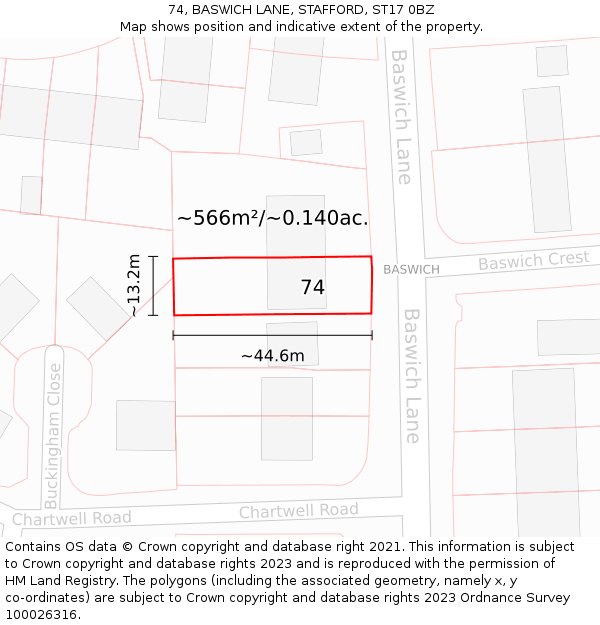 74, BASWICH LANE, STAFFORD, ST17 0BZ: Plot and title map
