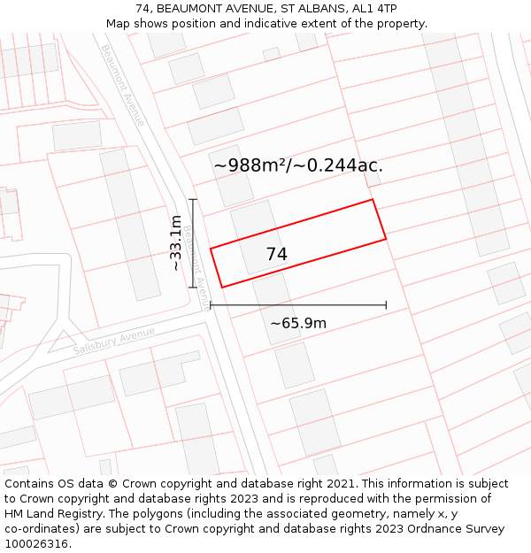 74, BEAUMONT AVENUE, ST ALBANS, AL1 4TP: Plot and title map