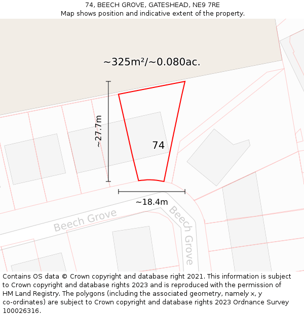 74, BEECH GROVE, GATESHEAD, NE9 7RE: Plot and title map
