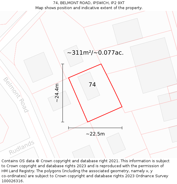 74, BELMONT ROAD, IPSWICH, IP2 9XT: Plot and title map