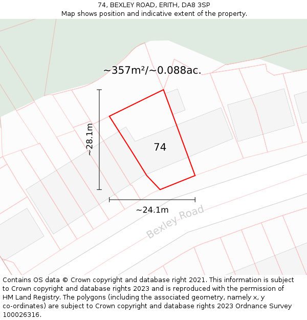 74, BEXLEY ROAD, ERITH, DA8 3SP: Plot and title map