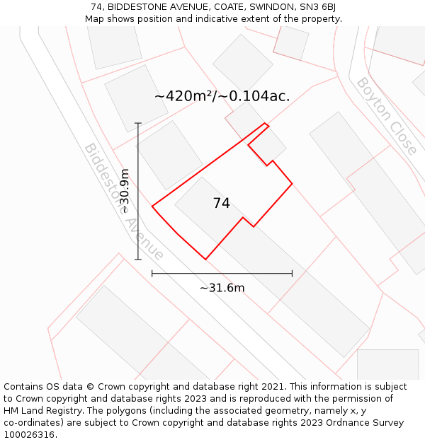 74, BIDDESTONE AVENUE, COATE, SWINDON, SN3 6BJ: Plot and title map