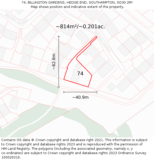 74, BILLINGTON GARDENS, HEDGE END, SOUTHAMPTON, SO30 2RY: Plot and title map
