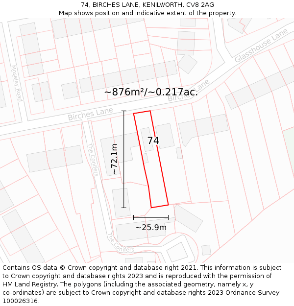 74, BIRCHES LANE, KENILWORTH, CV8 2AG: Plot and title map