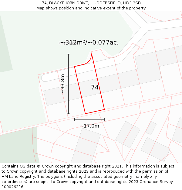 74, BLACKTHORN DRIVE, HUDDERSFIELD, HD3 3SB: Plot and title map