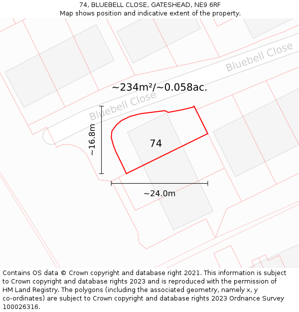 74, BLUEBELL CLOSE, GATESHEAD, NE9 6RF: Plot and title map