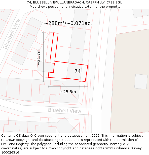 74, BLUEBELL VIEW, LLANBRADACH, CAERPHILLY, CF83 3GU: Plot and title map