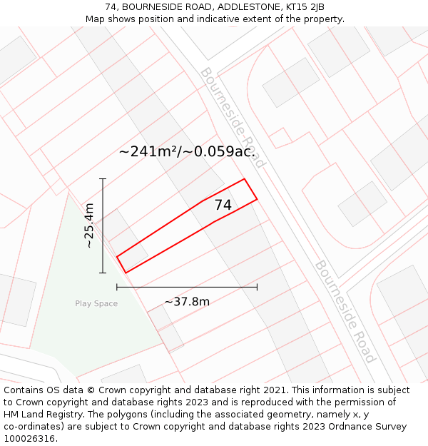 74, BOURNESIDE ROAD, ADDLESTONE, KT15 2JB: Plot and title map
