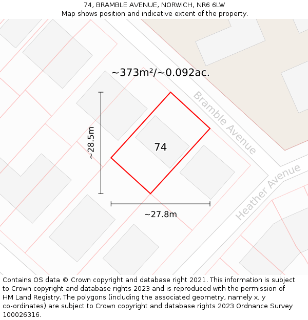 74, BRAMBLE AVENUE, NORWICH, NR6 6LW: Plot and title map