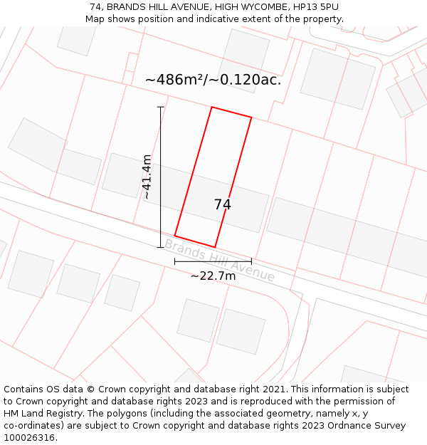74, BRANDS HILL AVENUE, HIGH WYCOMBE, HP13 5PU: Plot and title map