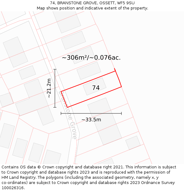 74, BRANSTONE GROVE, OSSETT, WF5 9SU: Plot and title map