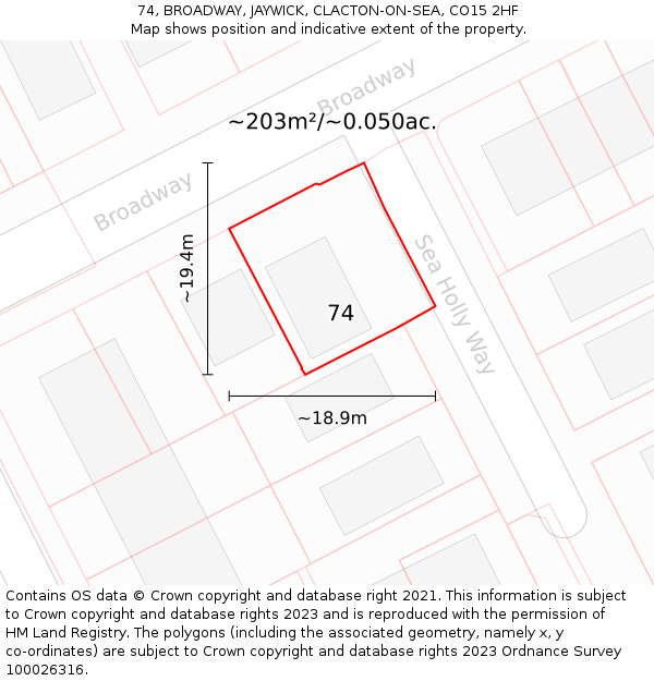 74, BROADWAY, JAYWICK, CLACTON-ON-SEA, CO15 2HF: Plot and title map