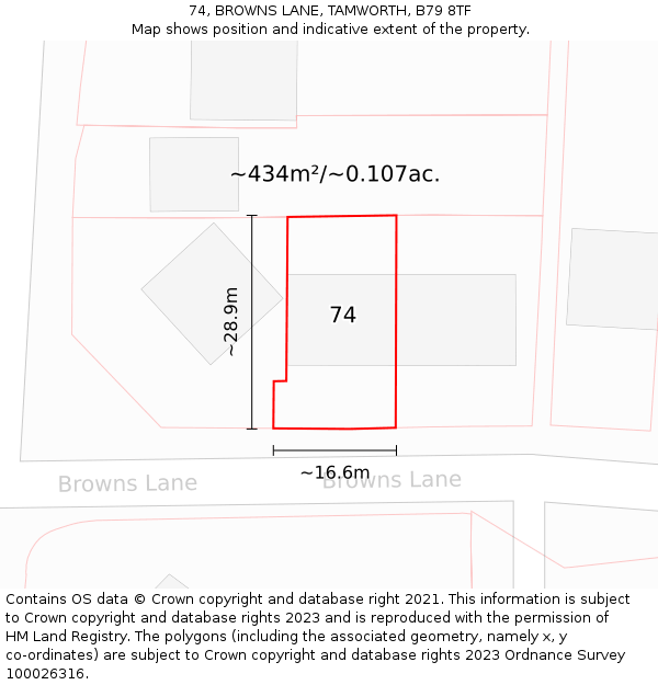 74, BROWNS LANE, TAMWORTH, B79 8TF: Plot and title map