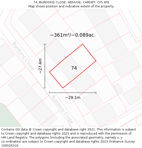 74, BURDONS CLOSE, WENVOE, CARDIFF, CF5 6FE: Plot and title map
