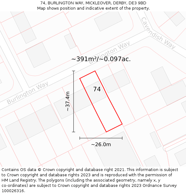 74, BURLINGTON WAY, MICKLEOVER, DERBY, DE3 9BD: Plot and title map