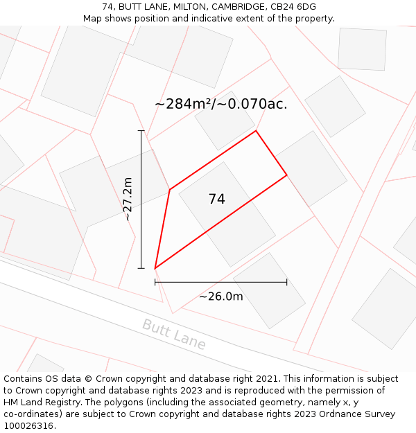 74, BUTT LANE, MILTON, CAMBRIDGE, CB24 6DG: Plot and title map