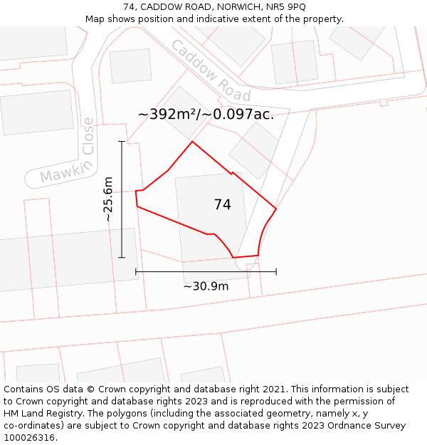 74, CADDOW ROAD, NORWICH, NR5 9PQ: Plot and title map