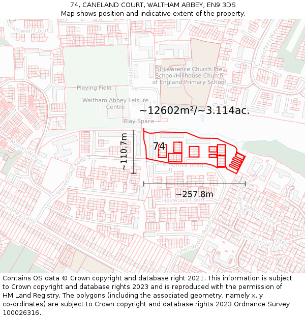 74, CANELAND COURT, WALTHAM ABBEY, EN9 3DS: Plot and title map
