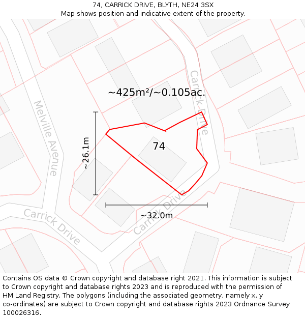 74, CARRICK DRIVE, BLYTH, NE24 3SX: Plot and title map