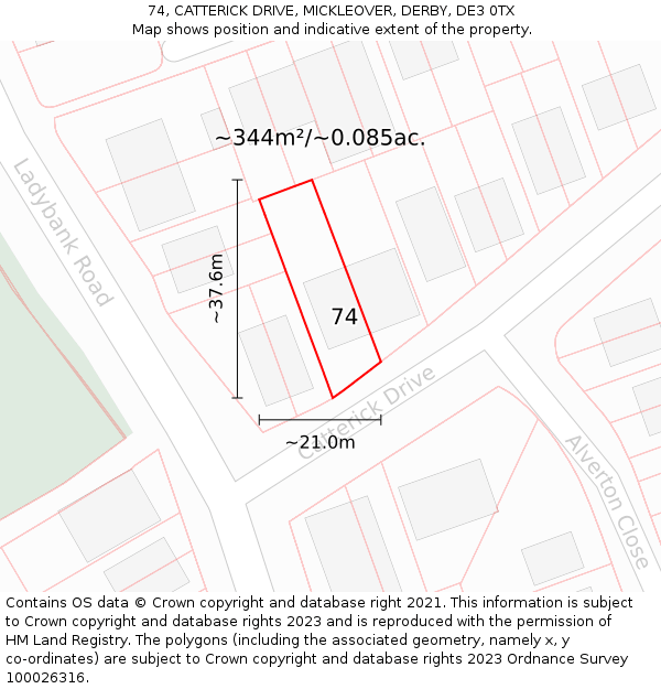 74, CATTERICK DRIVE, MICKLEOVER, DERBY, DE3 0TX: Plot and title map