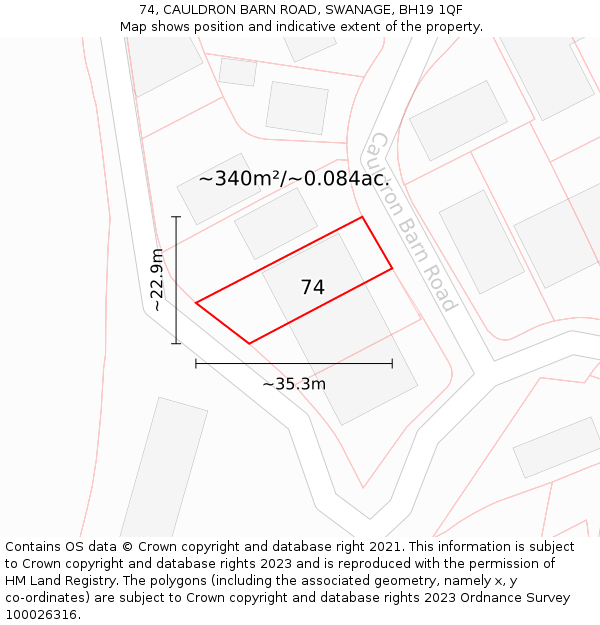 74, CAULDRON BARN ROAD, SWANAGE, BH19 1QF: Plot and title map