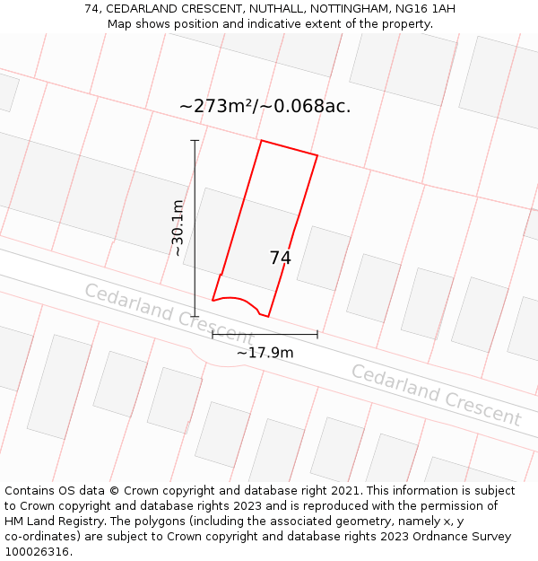 74, CEDARLAND CRESCENT, NUTHALL, NOTTINGHAM, NG16 1AH: Plot and title map