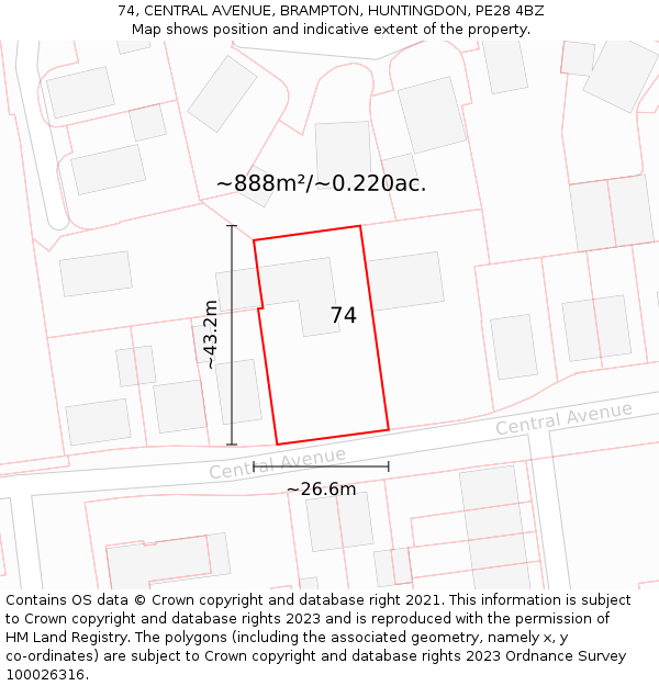 74, CENTRAL AVENUE, BRAMPTON, HUNTINGDON, PE28 4BZ: Plot and title map