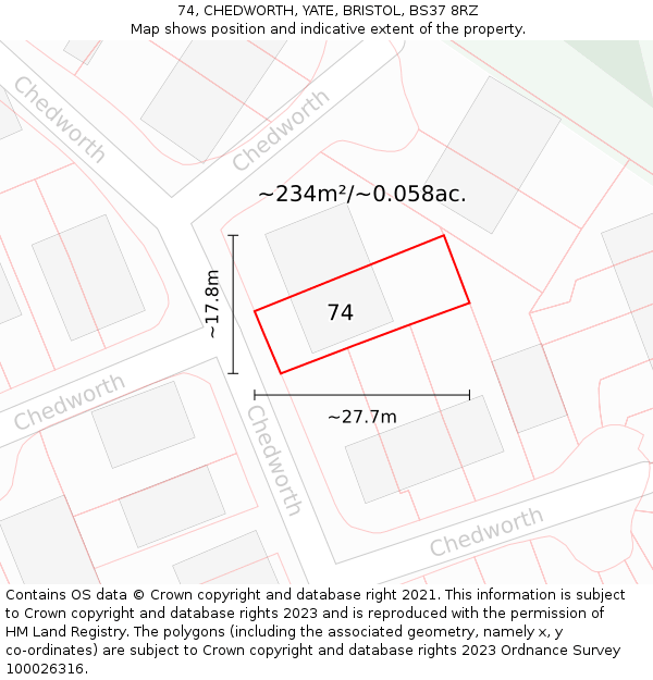 74, CHEDWORTH, YATE, BRISTOL, BS37 8RZ: Plot and title map