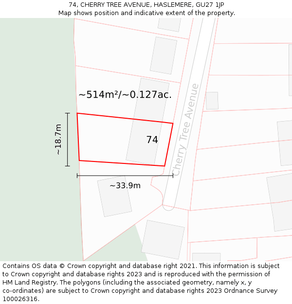 74, CHERRY TREE AVENUE, HASLEMERE, GU27 1JP: Plot and title map