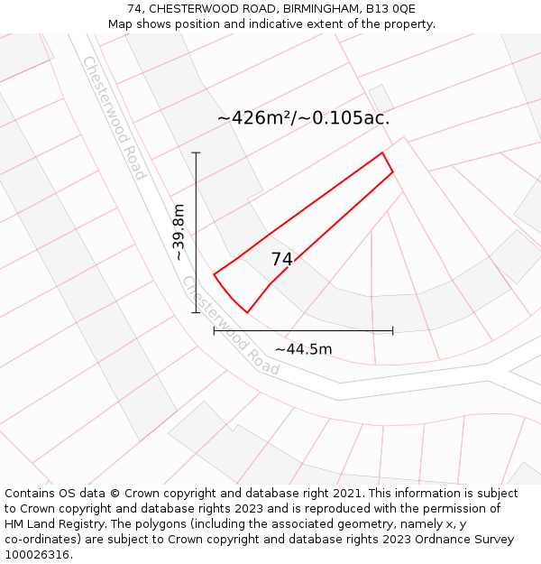 74, CHESTERWOOD ROAD, BIRMINGHAM, B13 0QE: Plot and title map