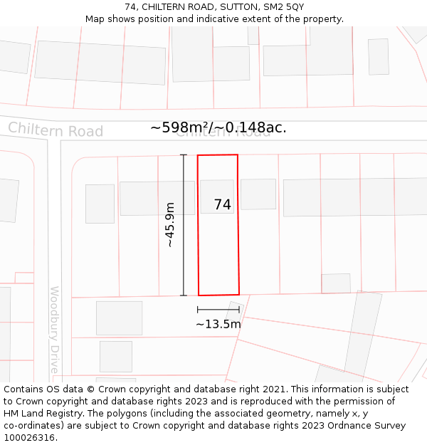 74, CHILTERN ROAD, SUTTON, SM2 5QY: Plot and title map