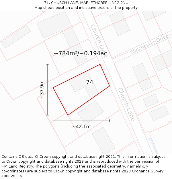74, CHURCH LANE, MABLETHORPE, LN12 2NU: Plot and title map