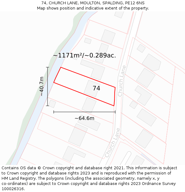 74, CHURCH LANE, MOULTON, SPALDING, PE12 6NS: Plot and title map